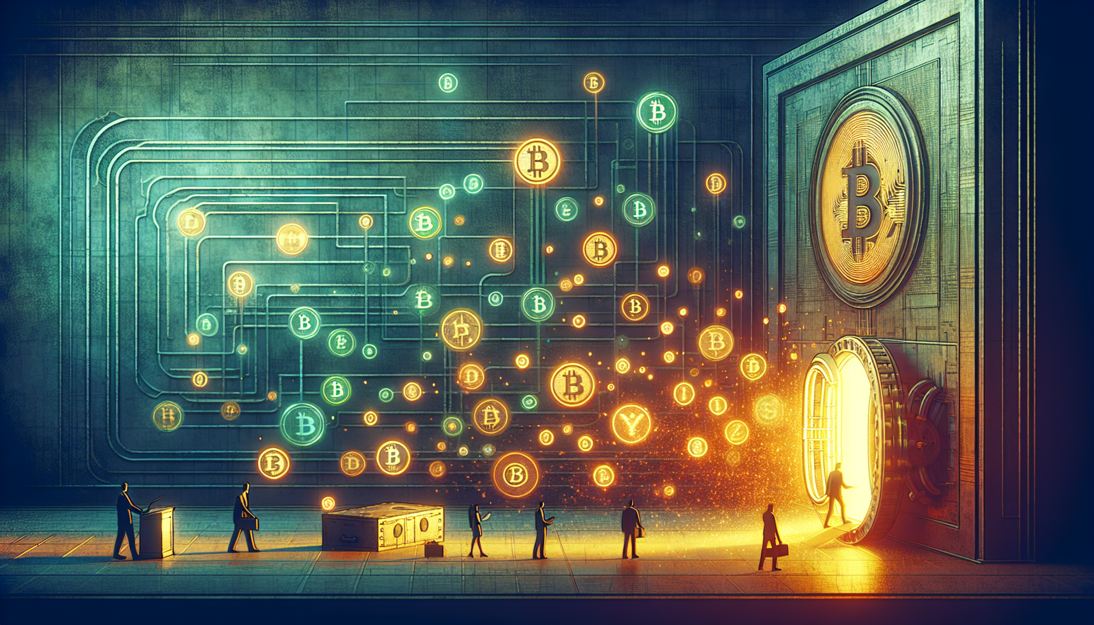 A glowing vault door with Bitcoin symbols emerging