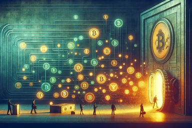 A glowing vault door with Bitcoin symbols emerging