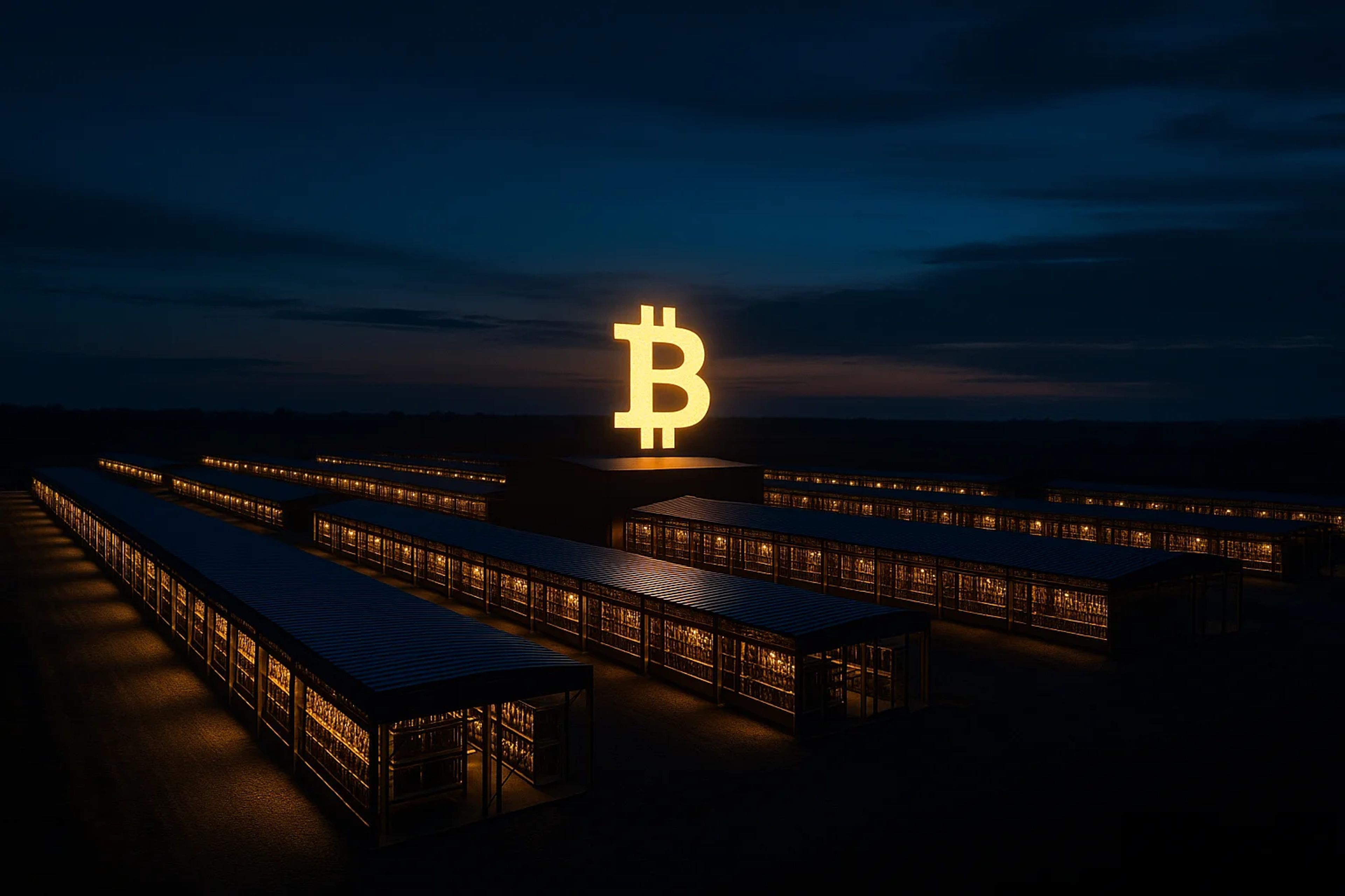 Illuminated Bitcoin symbol above a dark landscape