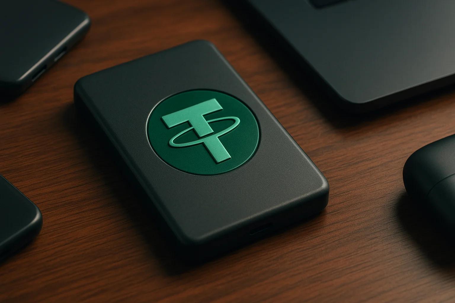 A dark wallet with a green logo on a wooden