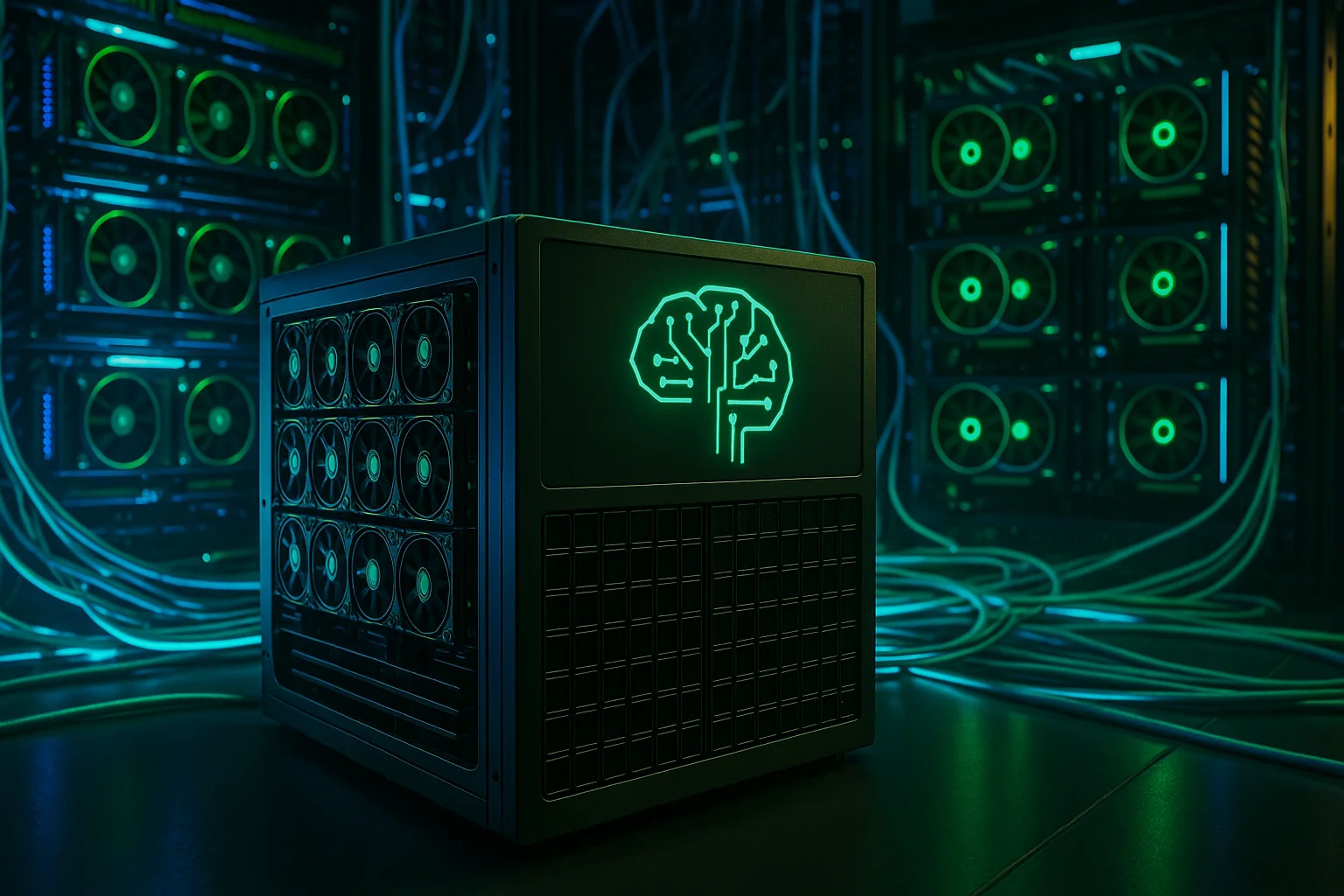 A dark room filled with computer servers and