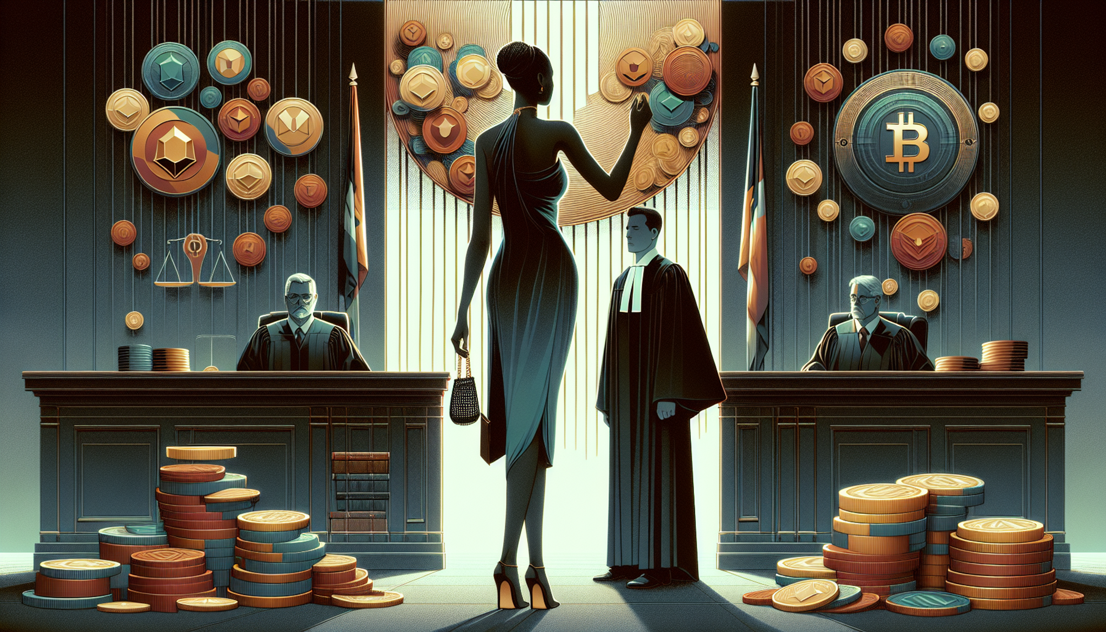 Silhouette of a woman in a courtroom with judges