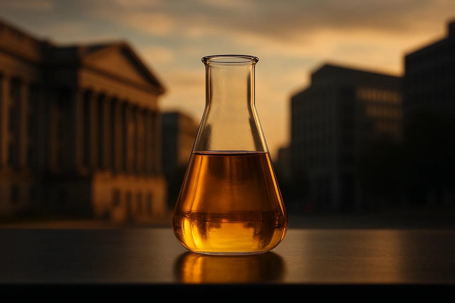 A glass flask containing amber liquid against a