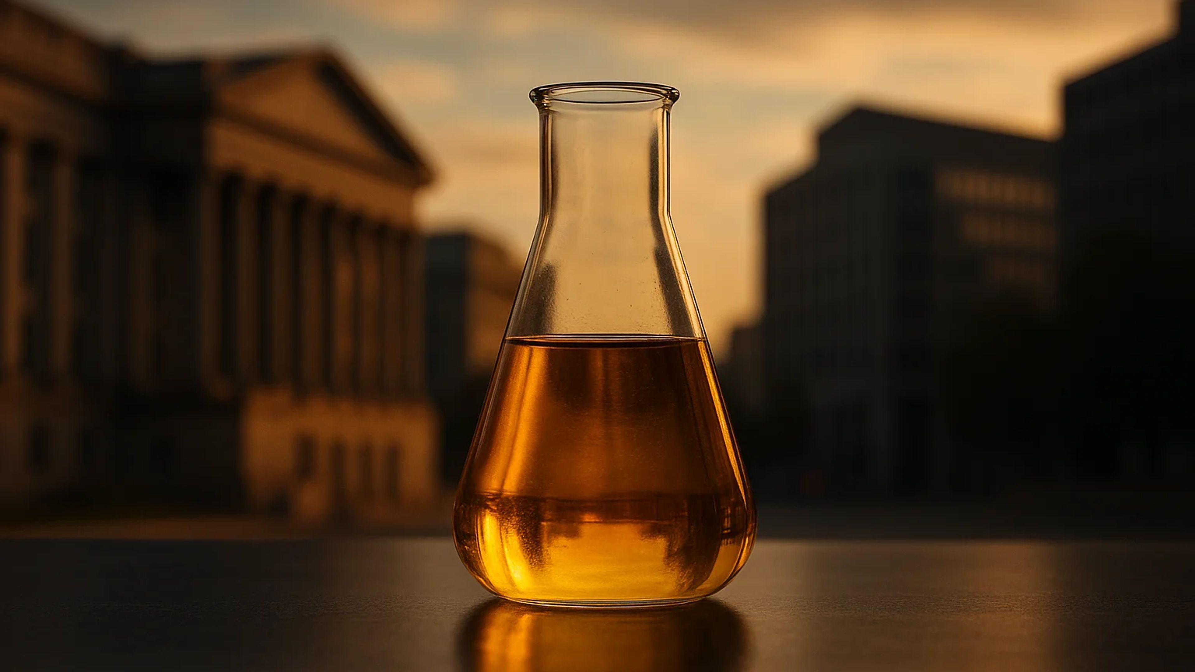 A glass flask containing amber liquid against a
