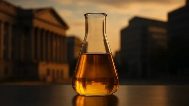A glass flask containing amber liquid against a