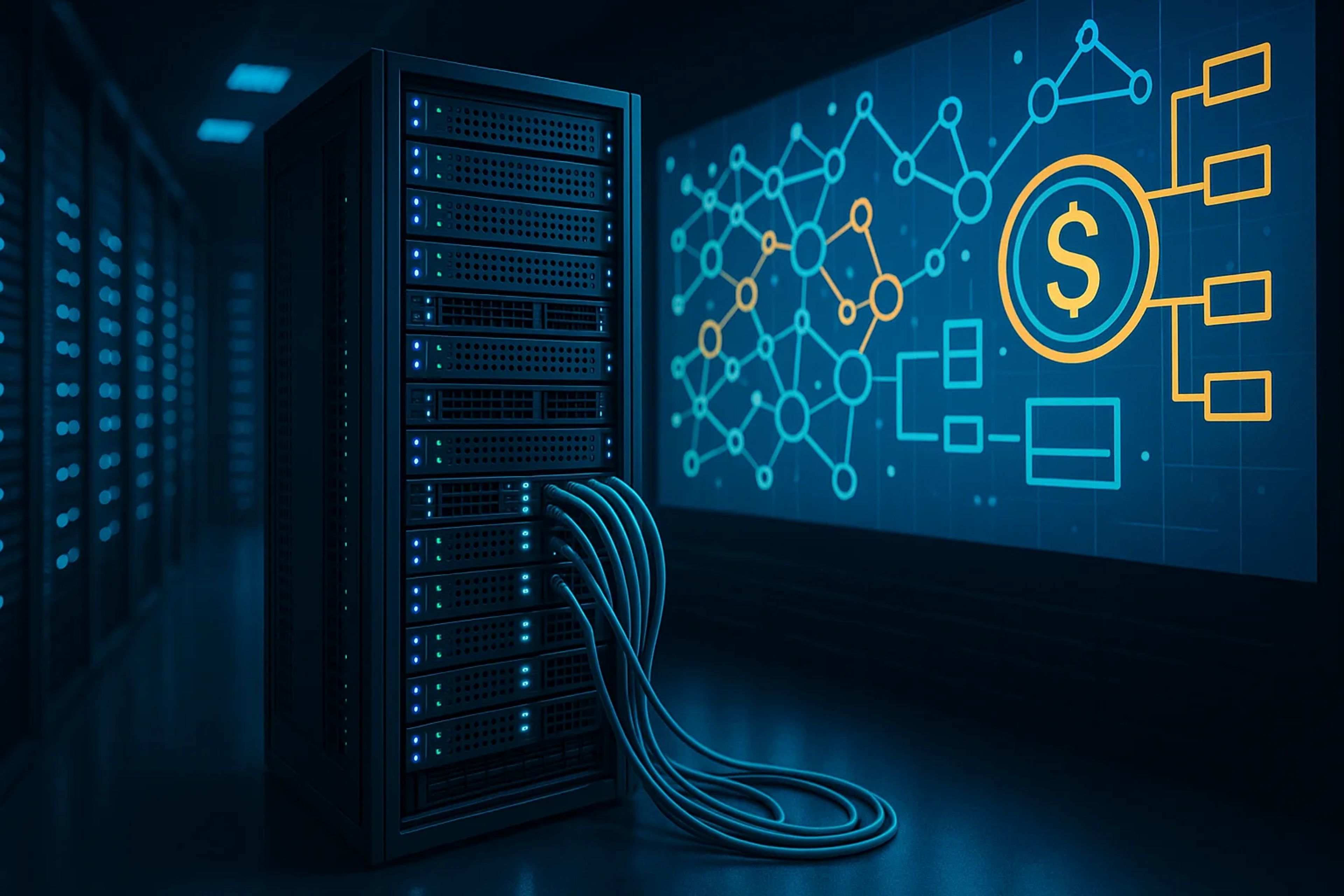 Dark server room with illuminated server rack and