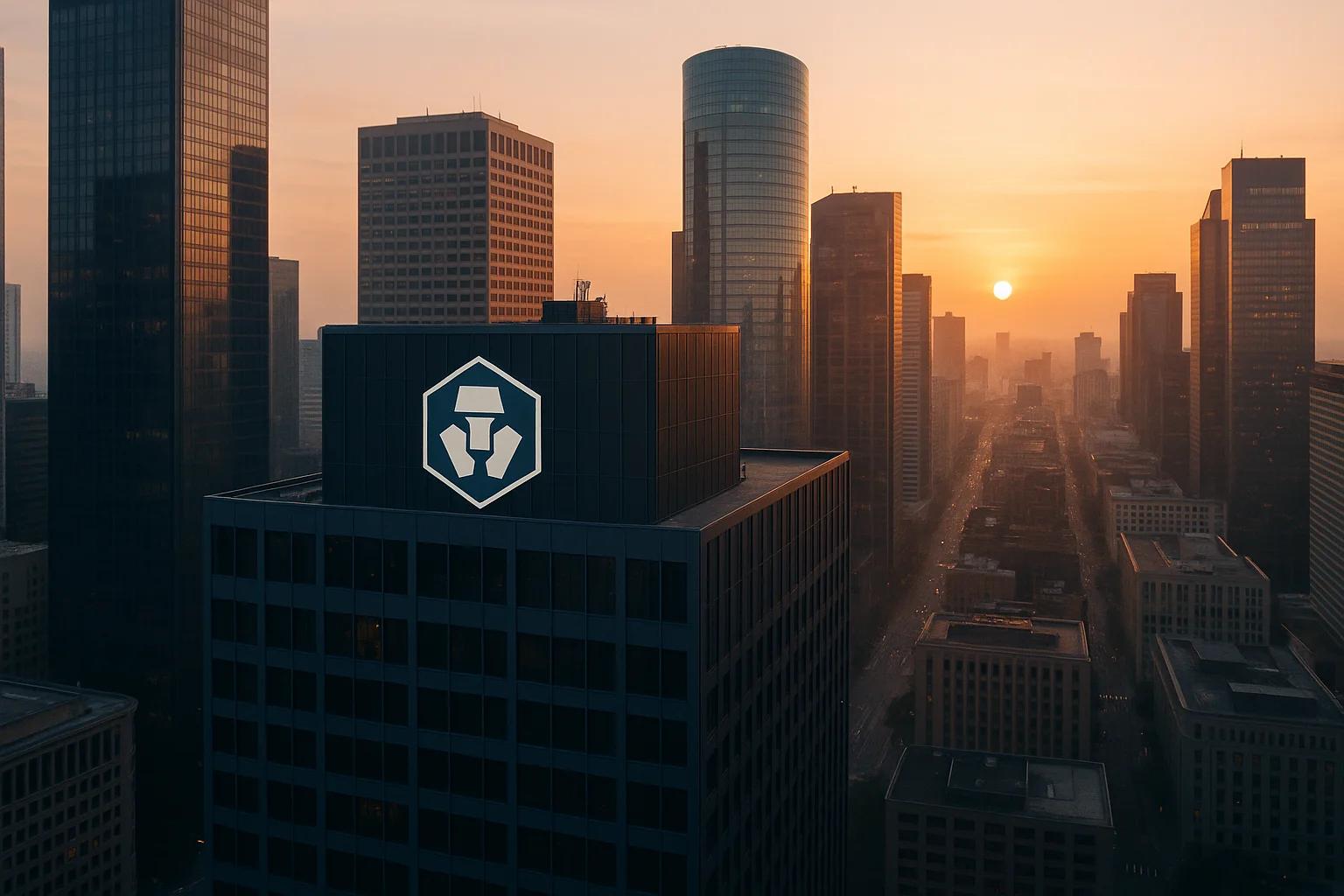 City skyline at sunset with tall buildings