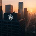 City skyline at sunset with tall buildings