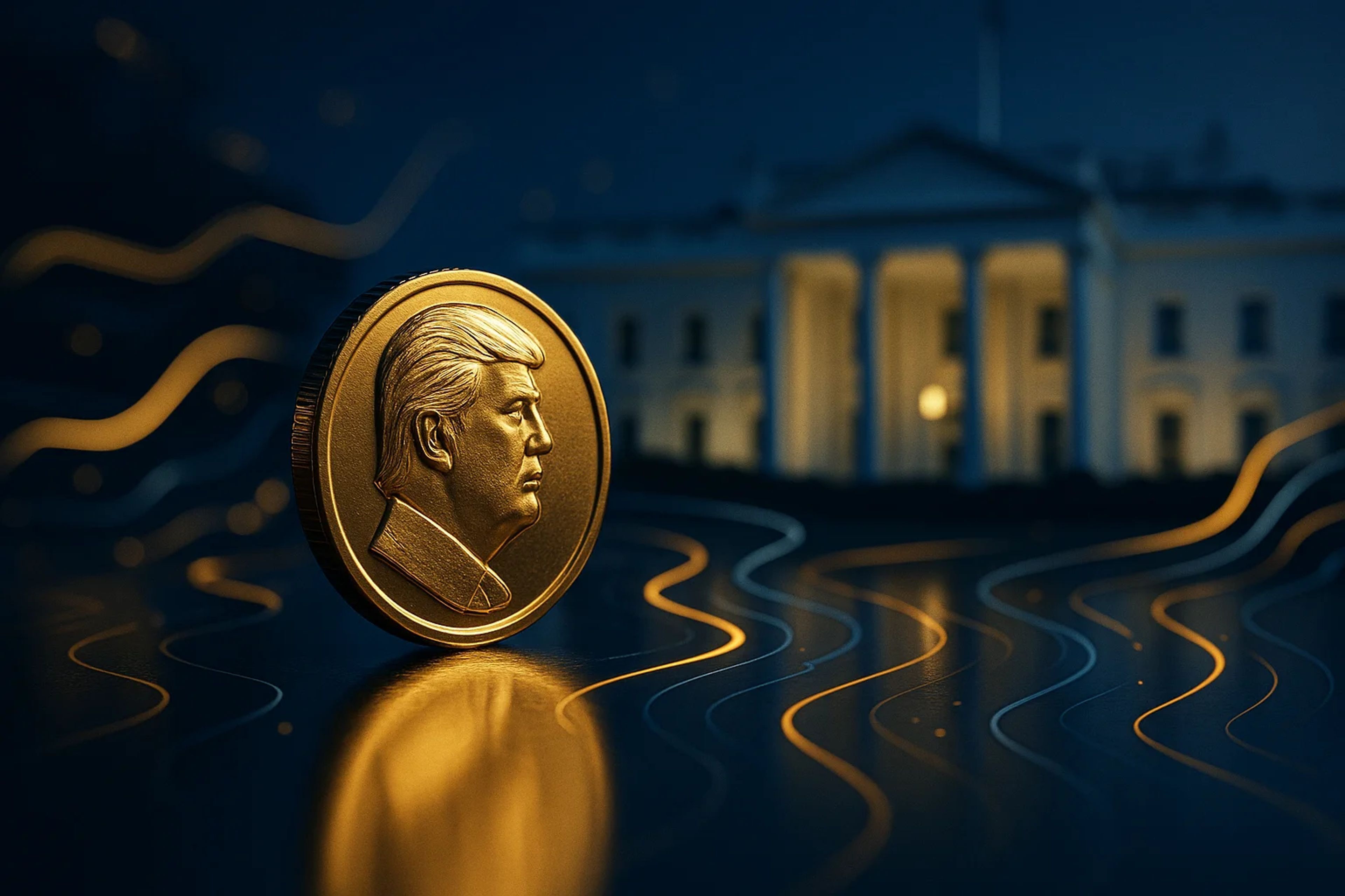 A golden coin with a profile of a man in front of