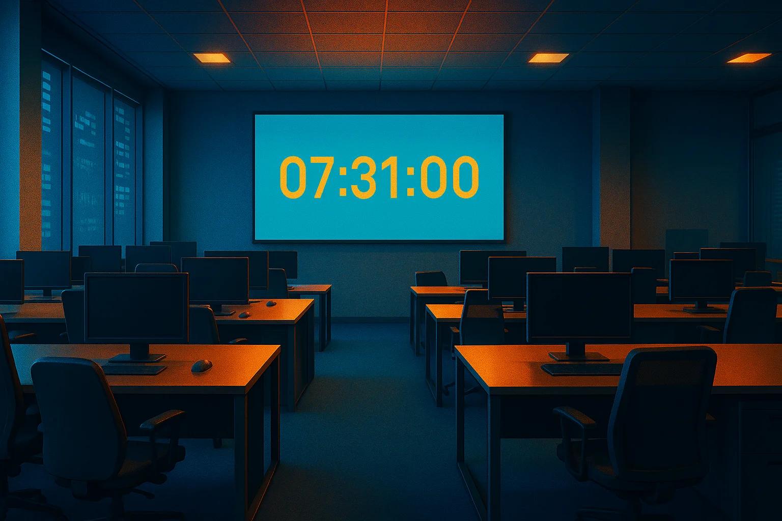 Dimly lit office with empty desks and a large