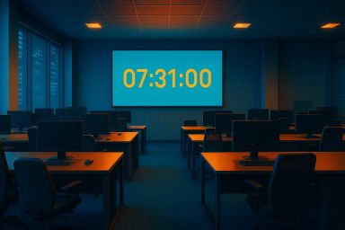 Dimly lit office with empty desks and a large