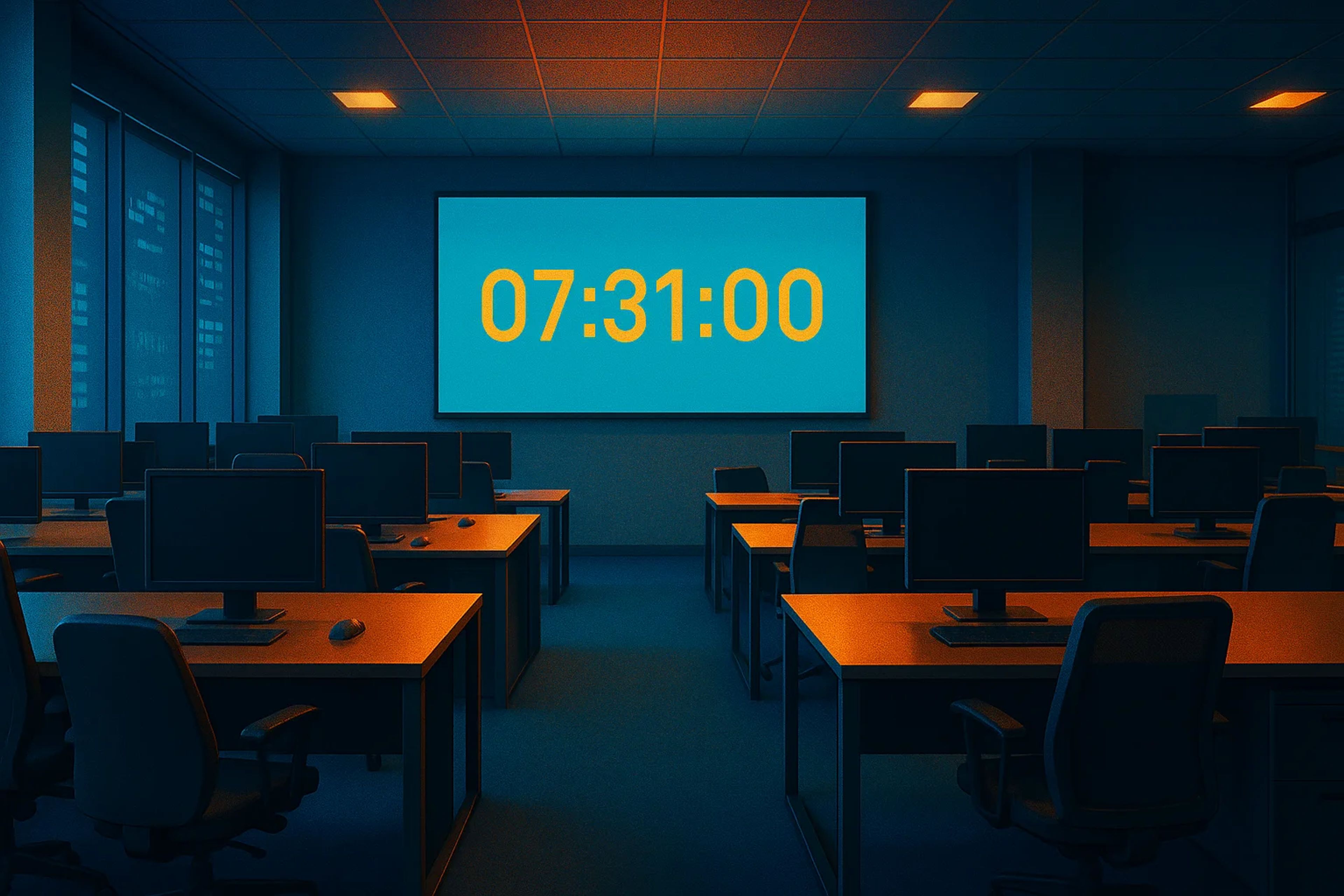 Dimly lit office with empty desks and a large