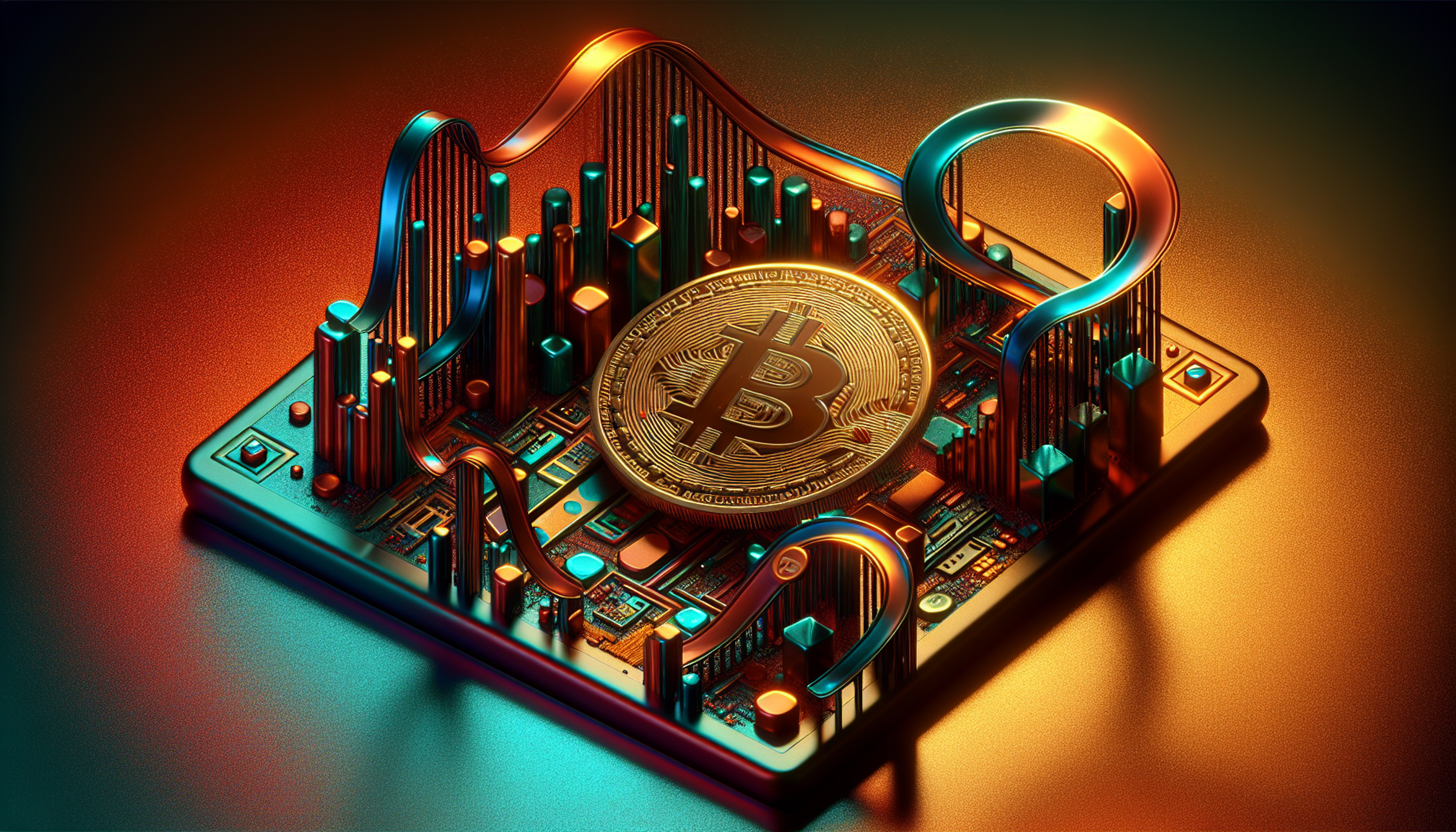 A glowing Bitcoin surrounded by colorful circuit