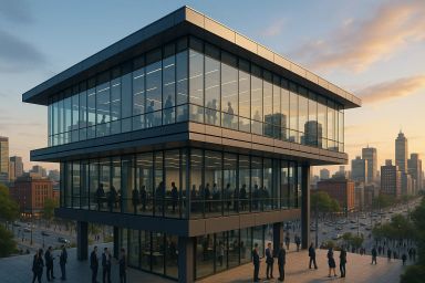 Modern glass building with people inside and