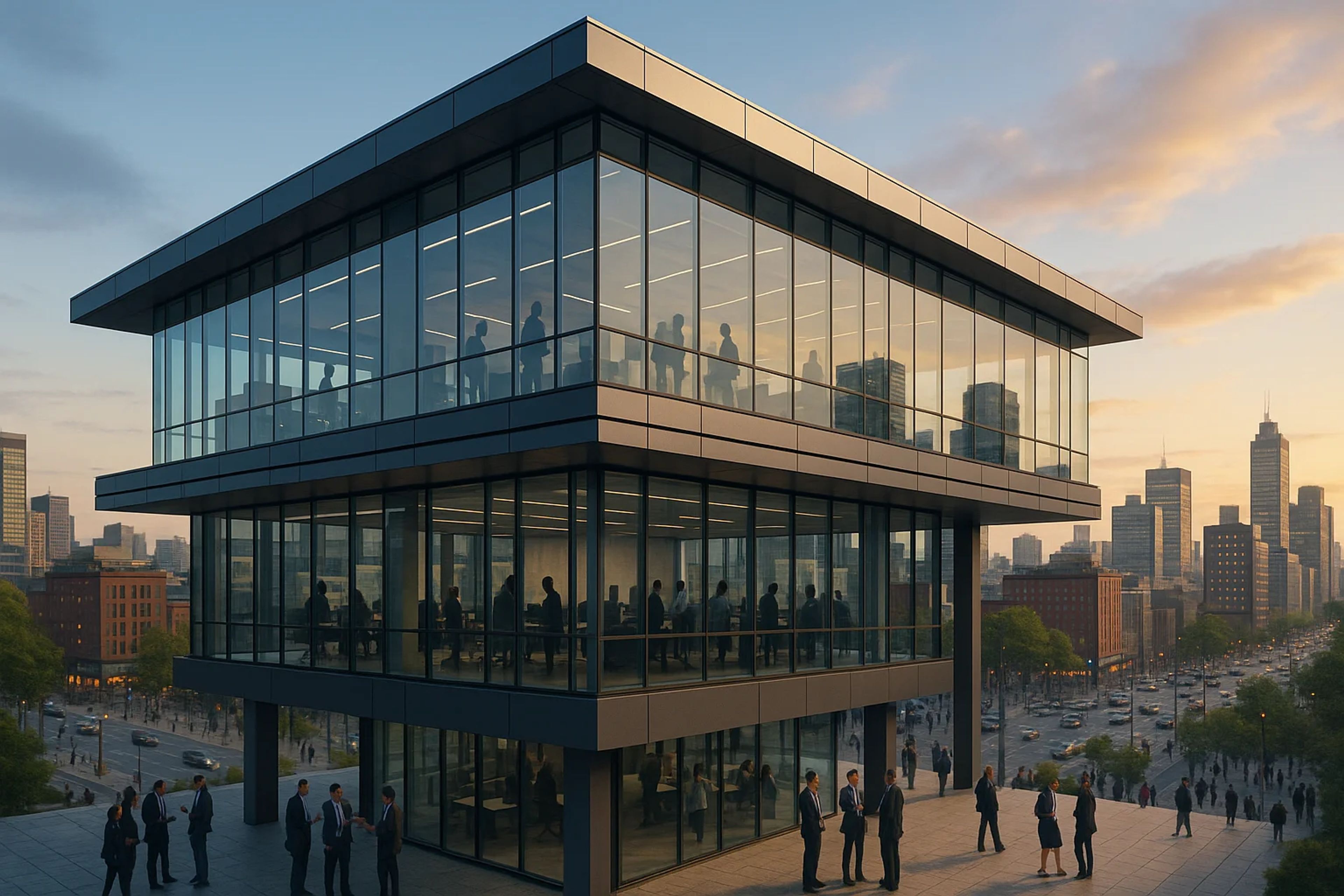 Modern glass building with people inside and