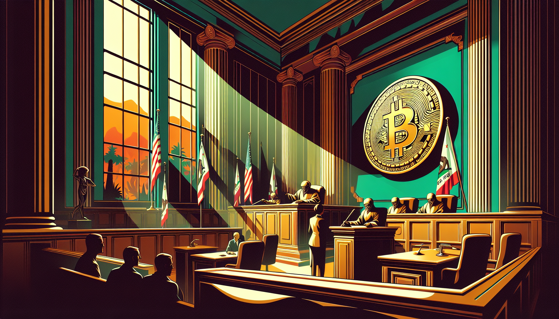 A courtroom with a large Bitcoin symbol on the