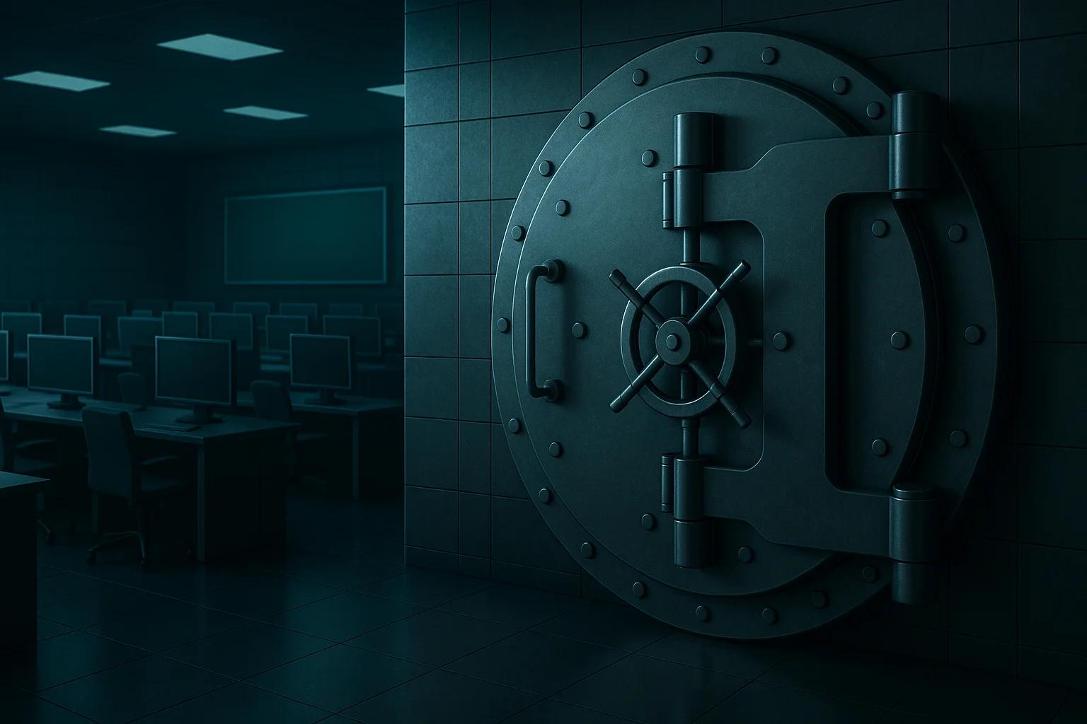 Large metallic vault door in a dimly lit room