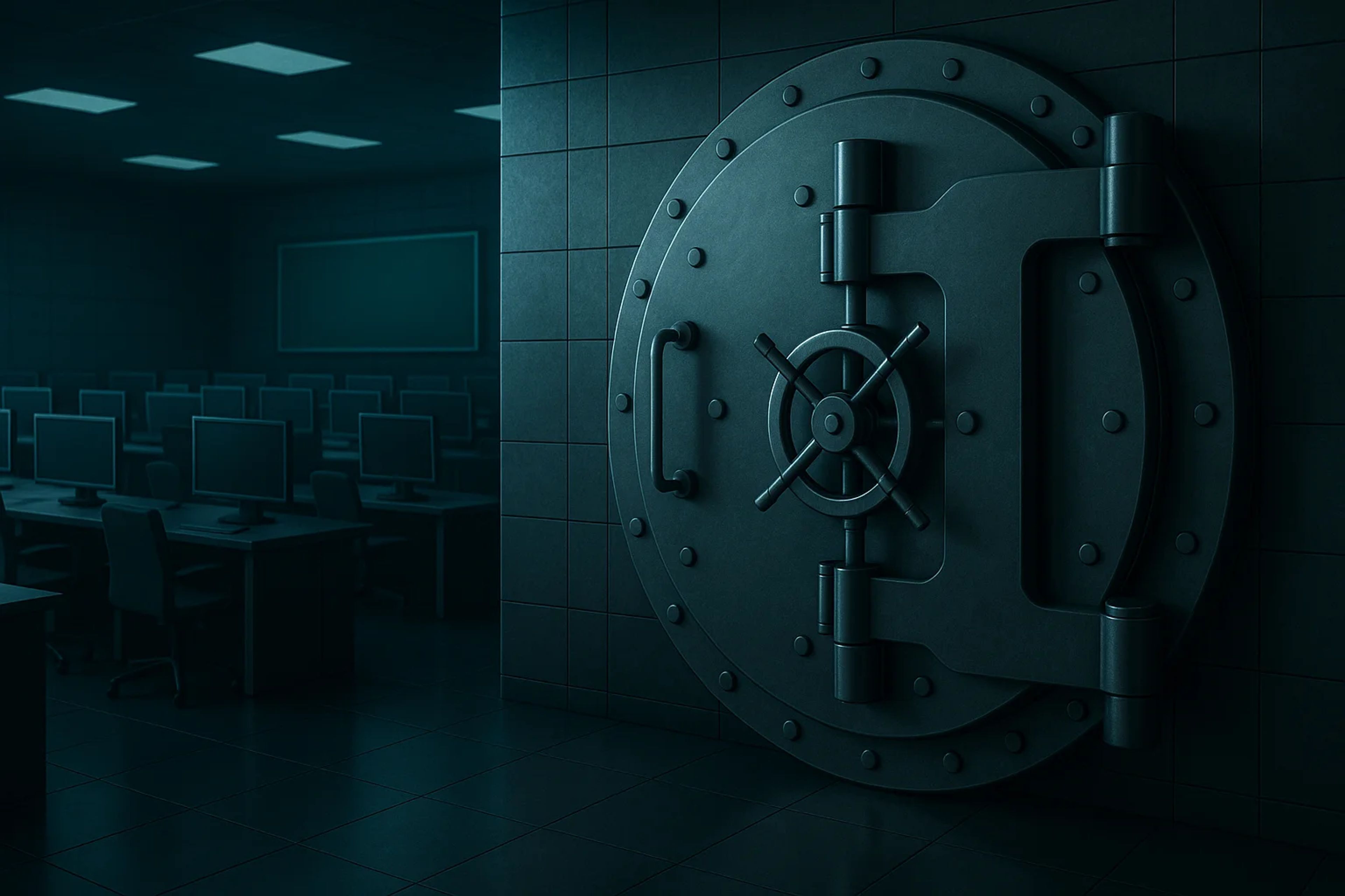Large metallic vault door in a dimly lit room