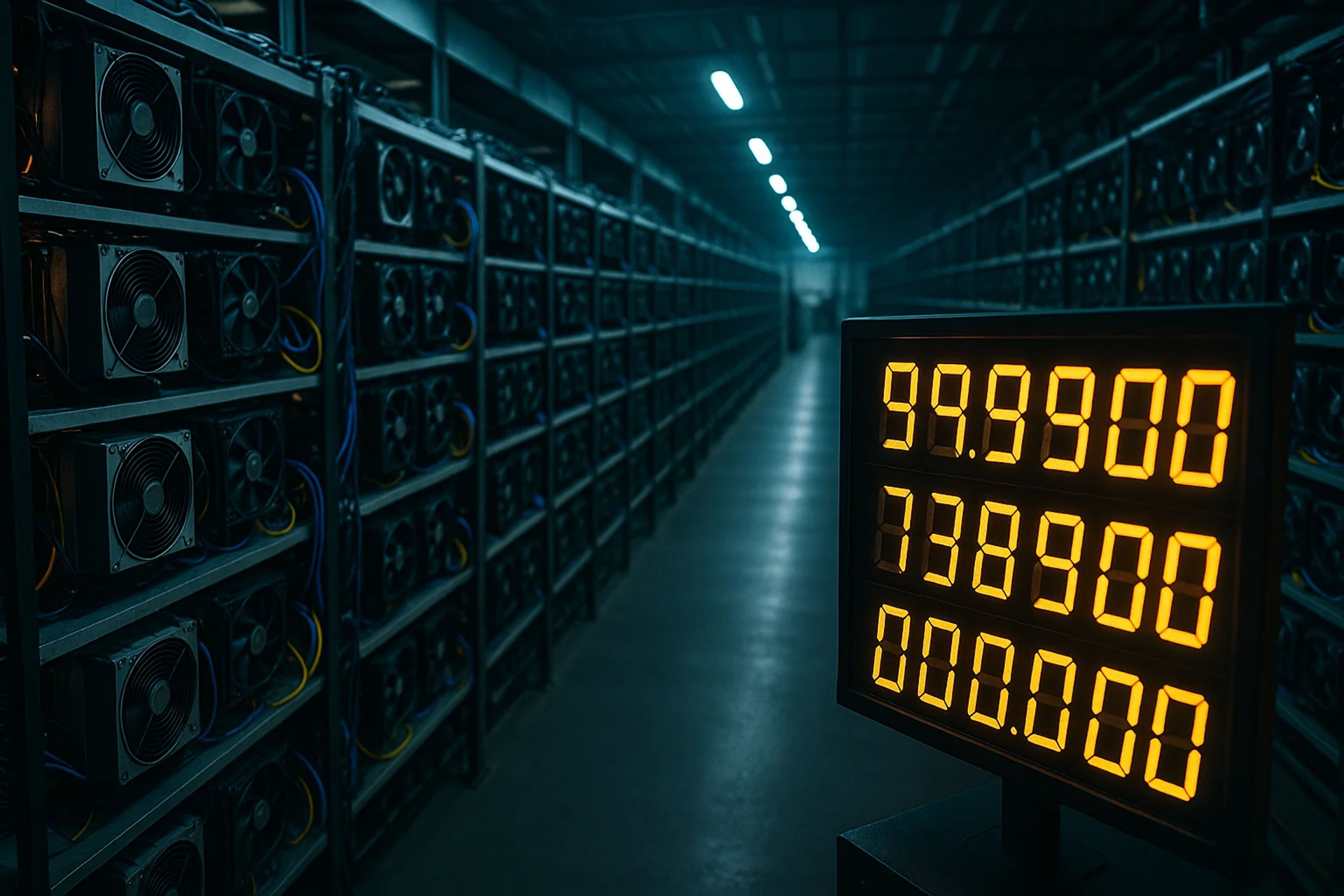 Rows of computer servers in a dimly lit room