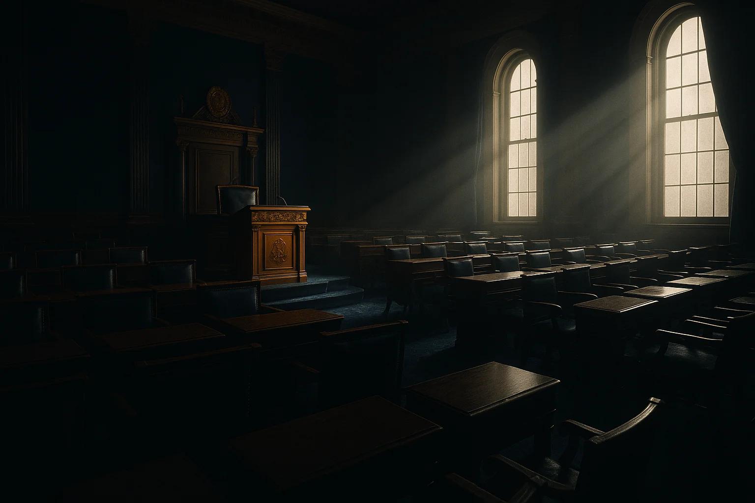 Dimly lit courtroom with wooden benches and a
