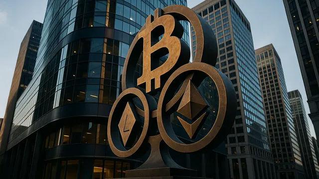 Large cryptocurrency symbols in an urban setting