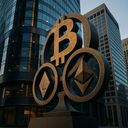 Large cryptocurrency symbols in an urban setting