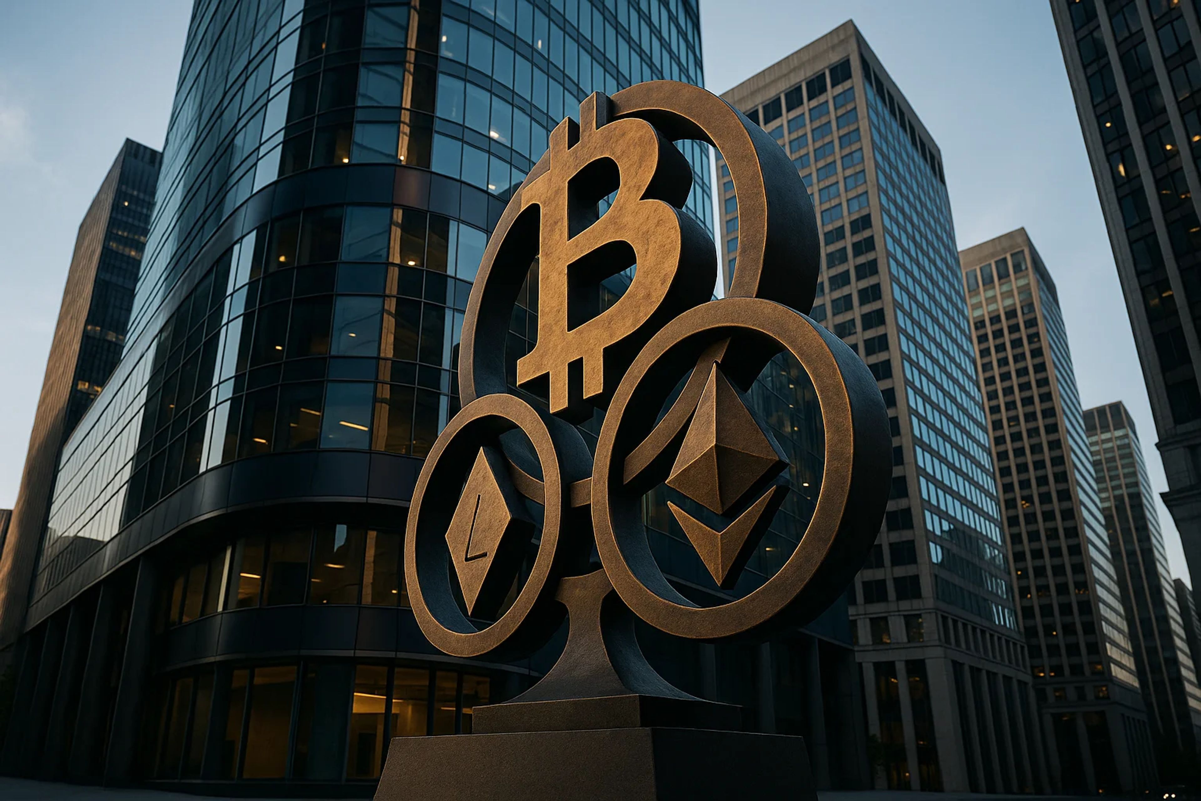 Large cryptocurrency symbols in an urban setting