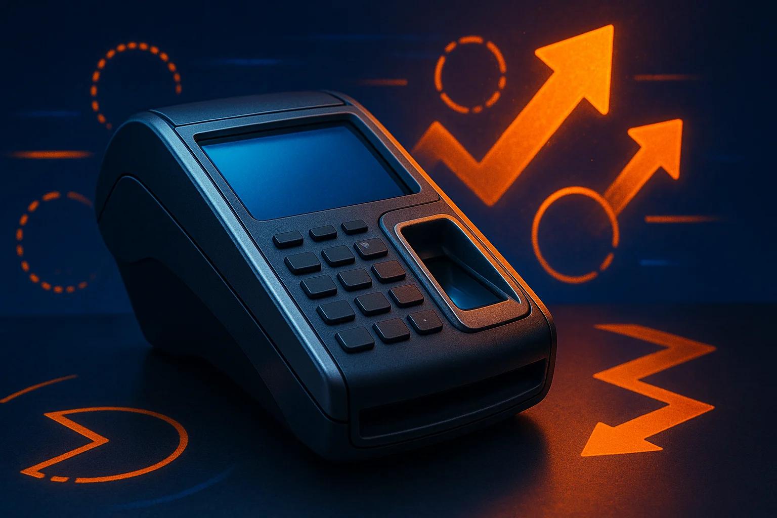 A black payment terminal with a blue screen