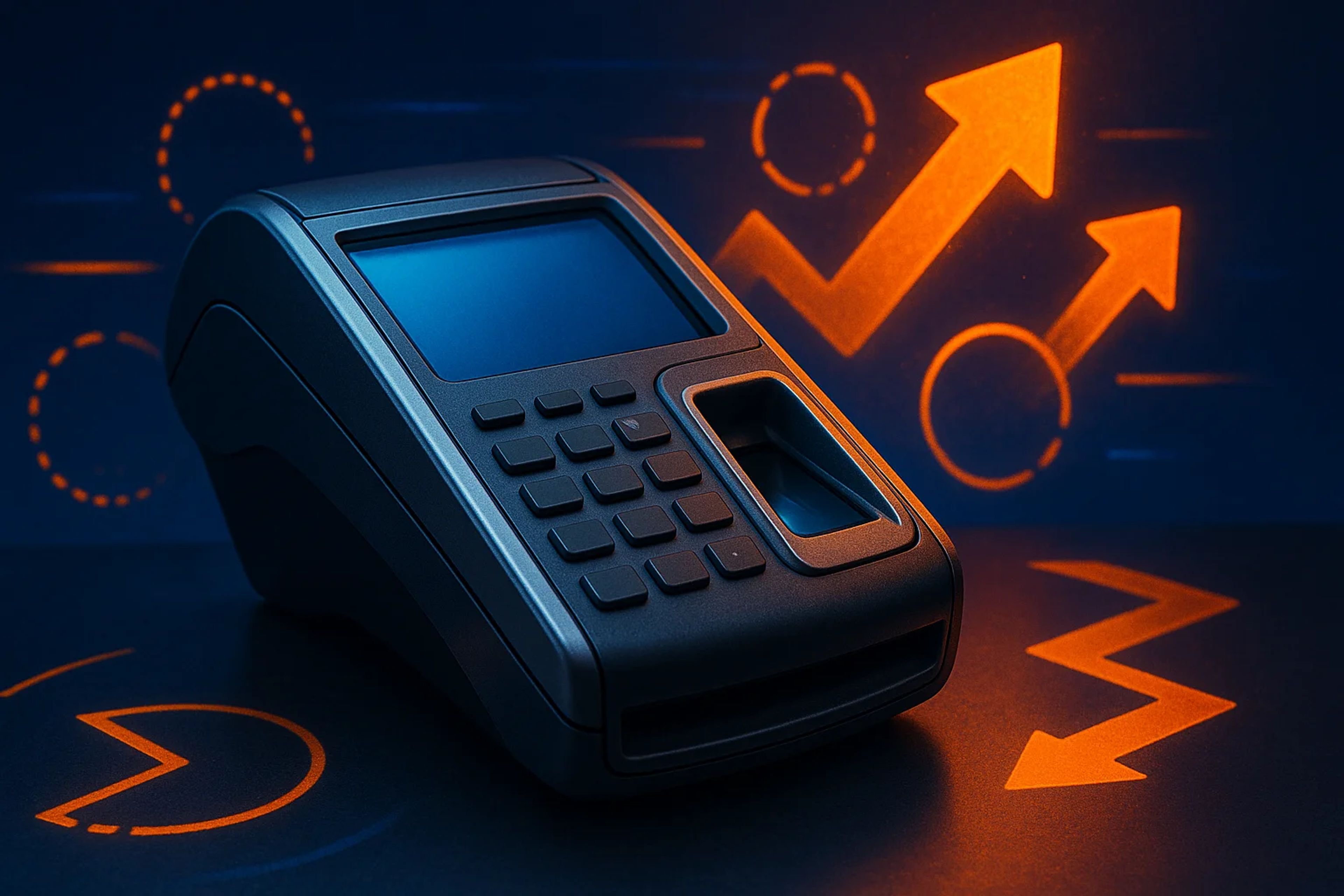 A black payment terminal with a blue screen