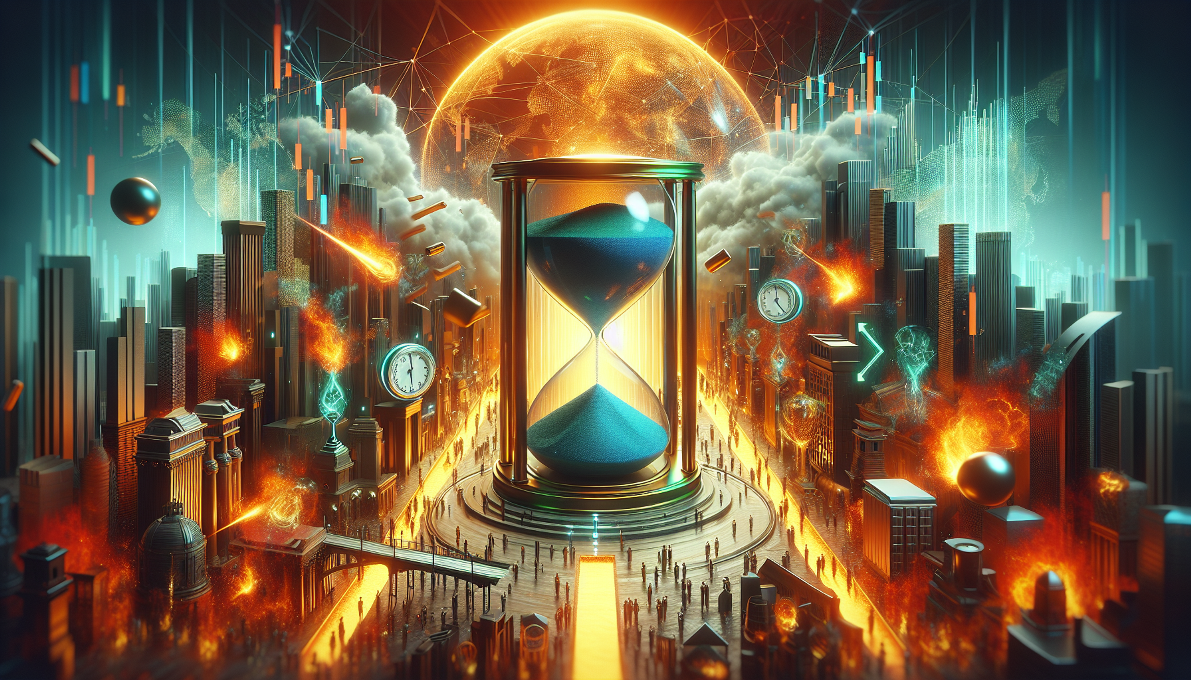 A surreal cityscape with an hourglass at the