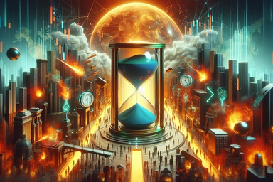 A surreal cityscape with an hourglass at the