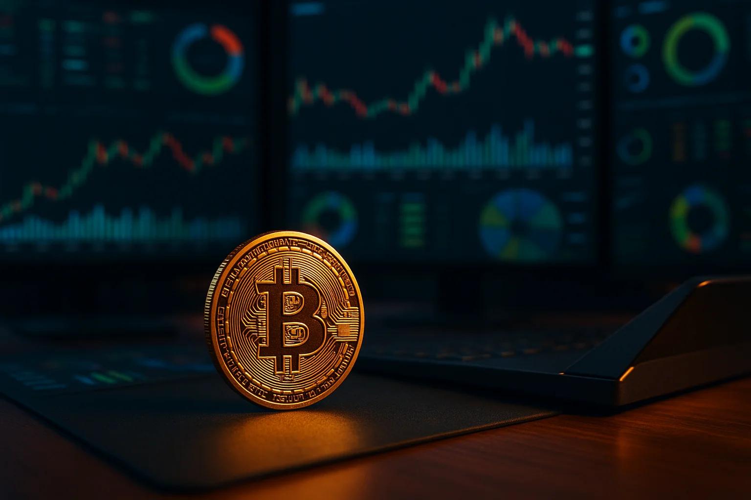 A golden Bitcoin coin in front of dark screens