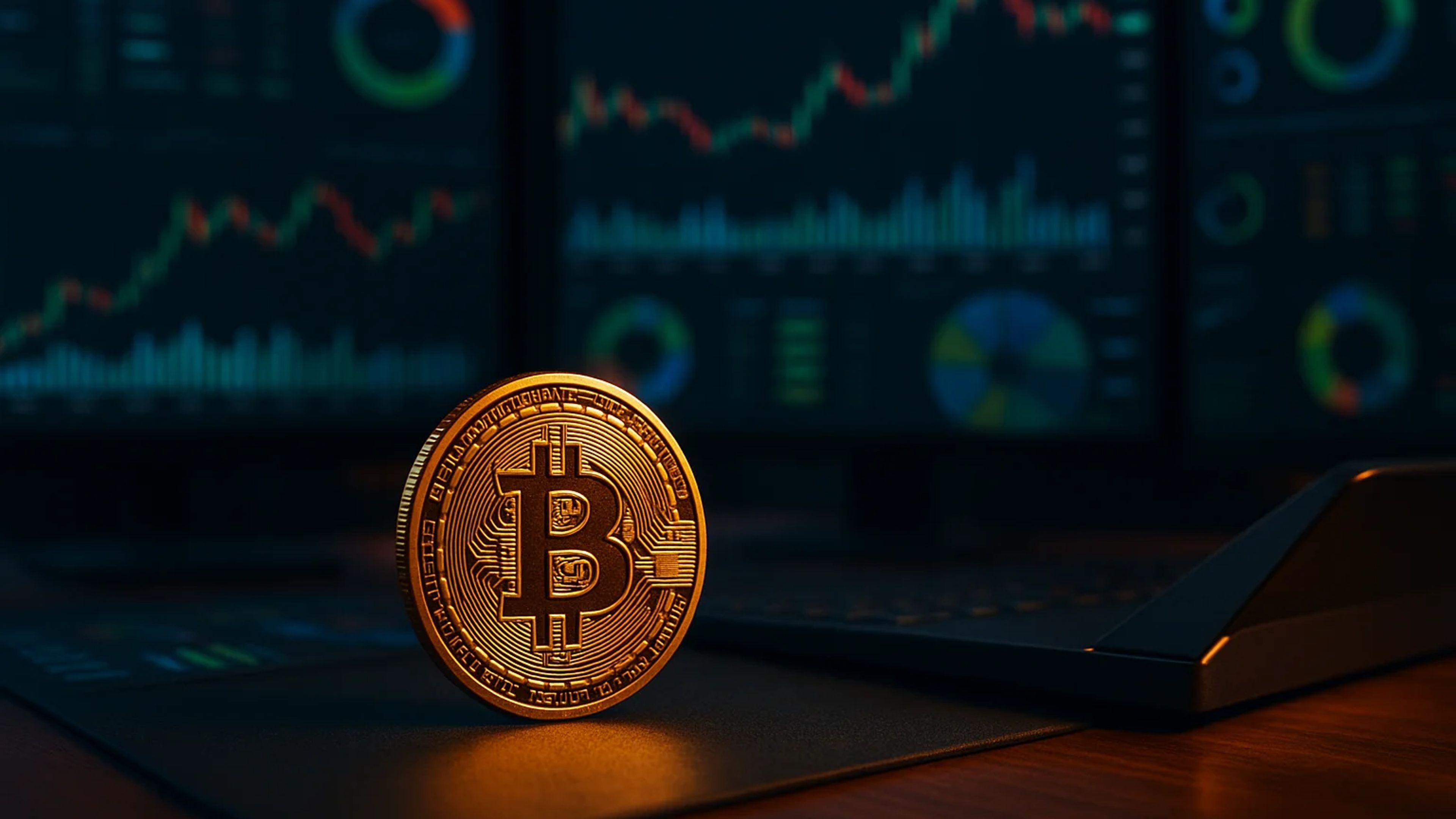 A golden Bitcoin coin in front of dark screens