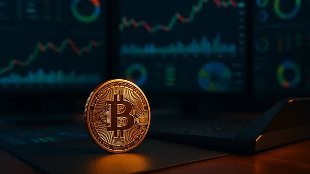 A golden Bitcoin coin in front of dark screens
