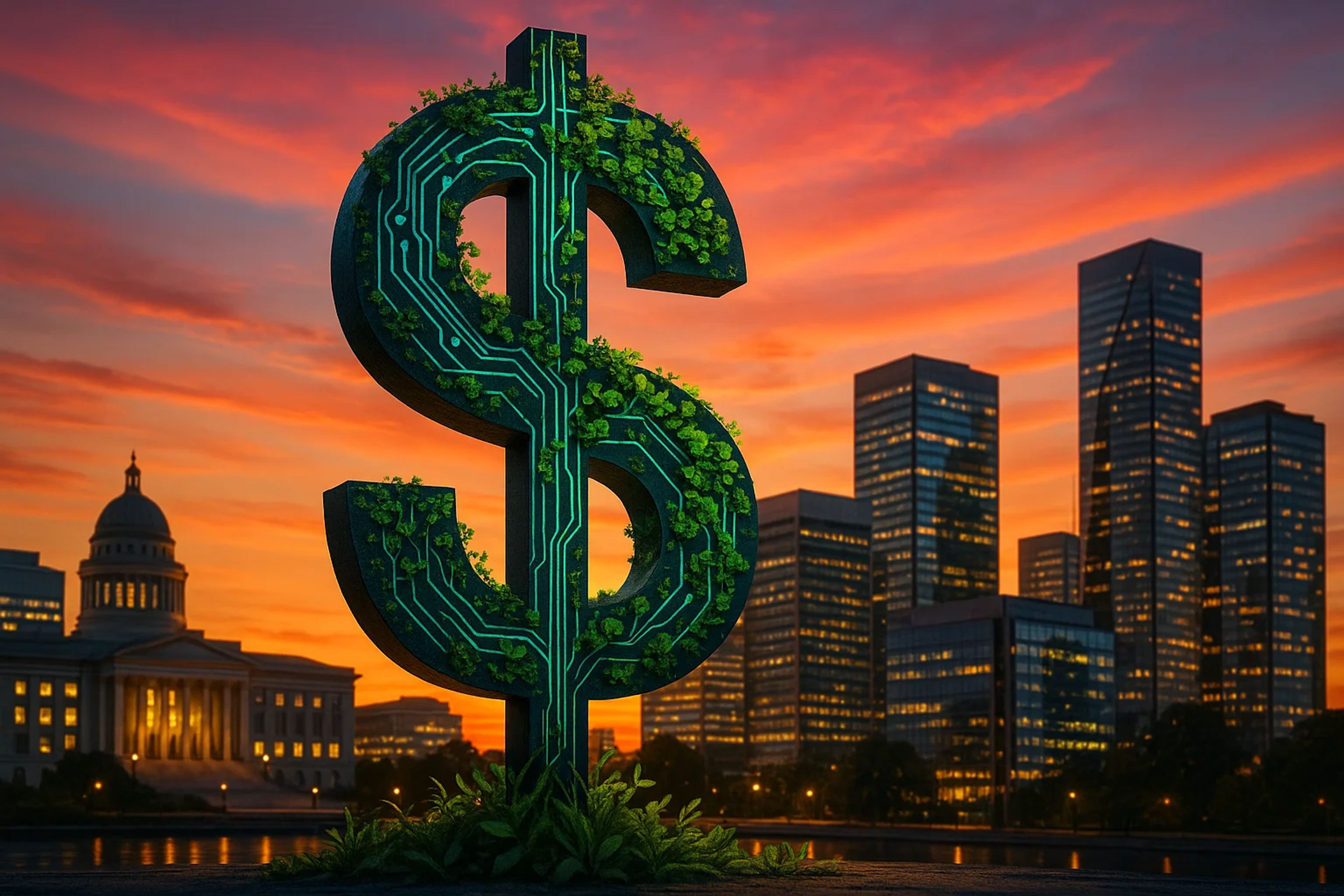 A large dollar sign covered in greenery, set