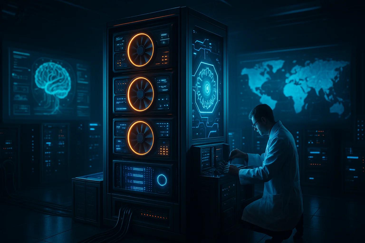 A technician in a lab coat works on a high-tech