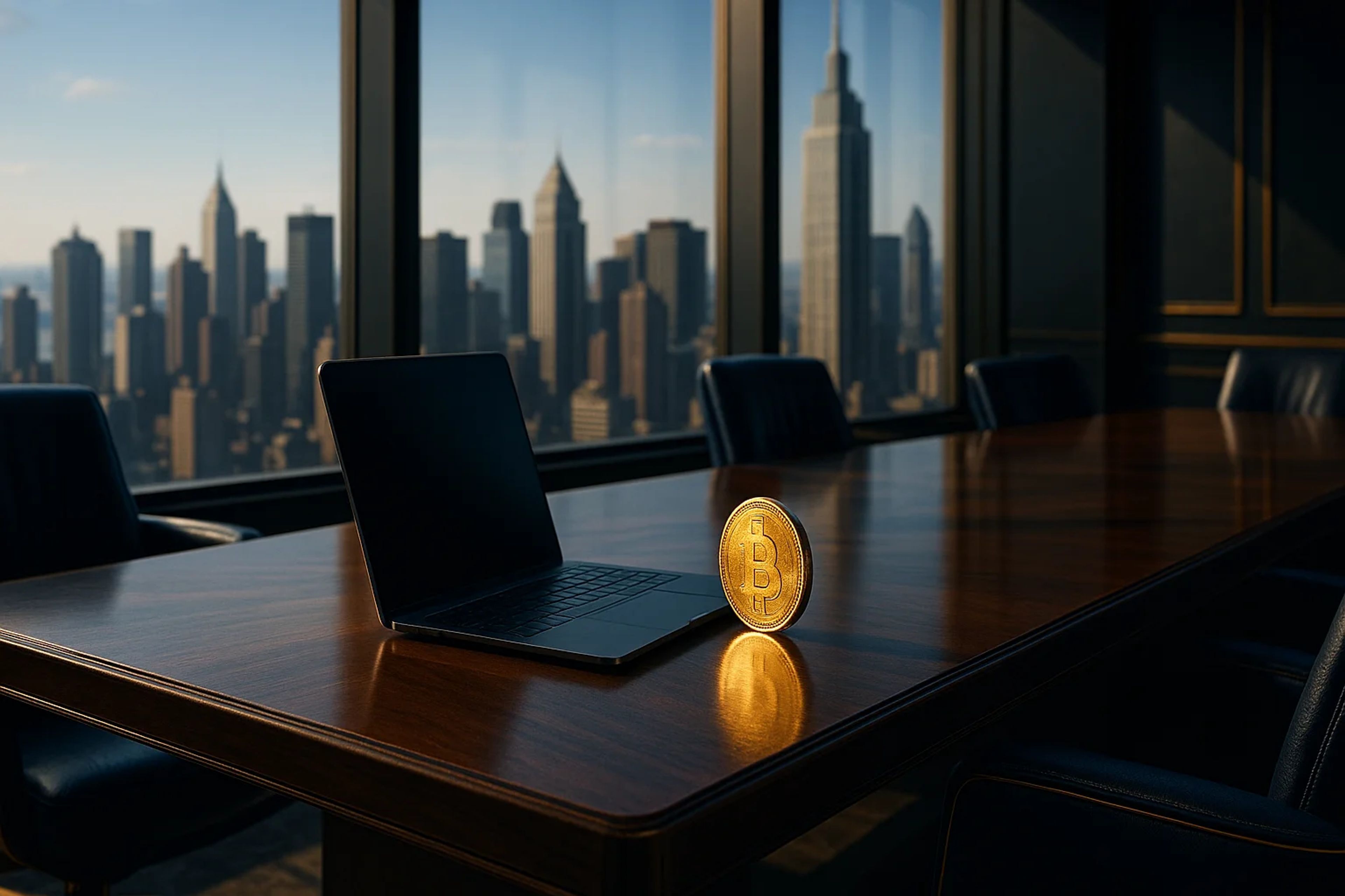 A laptop and a Bitcoin on a conference table with