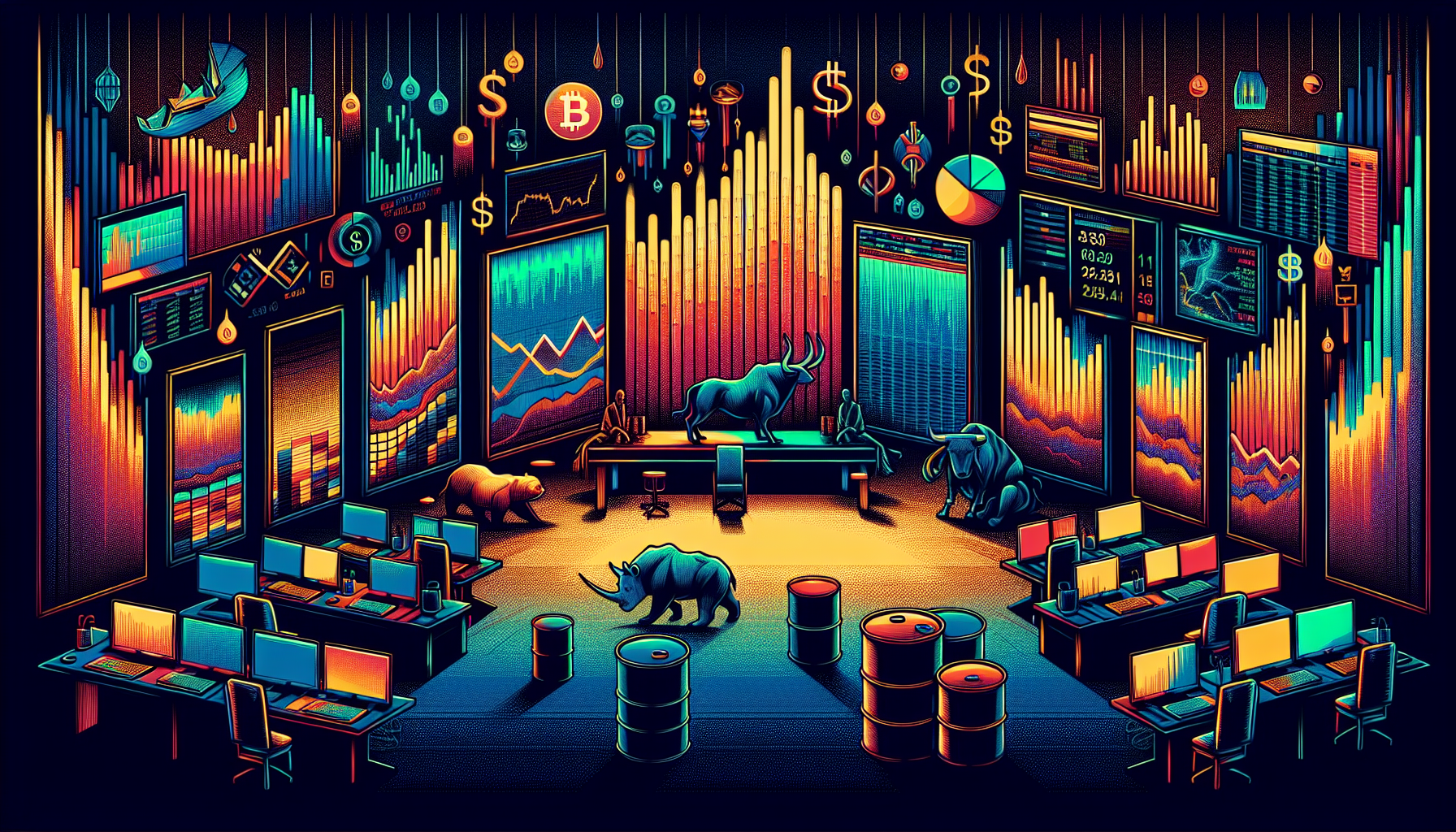 A vibrant trading room with colorful graphs