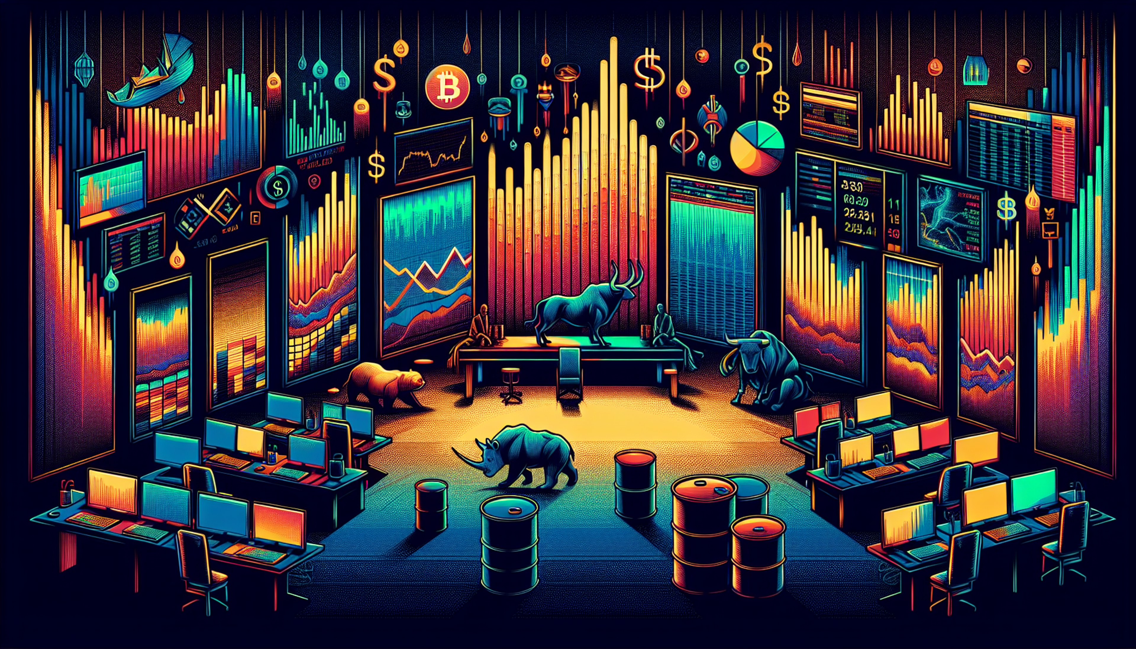 A vibrant trading room with colorful graphs