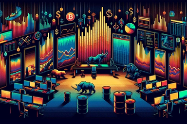 A vibrant trading room with colorful graphs