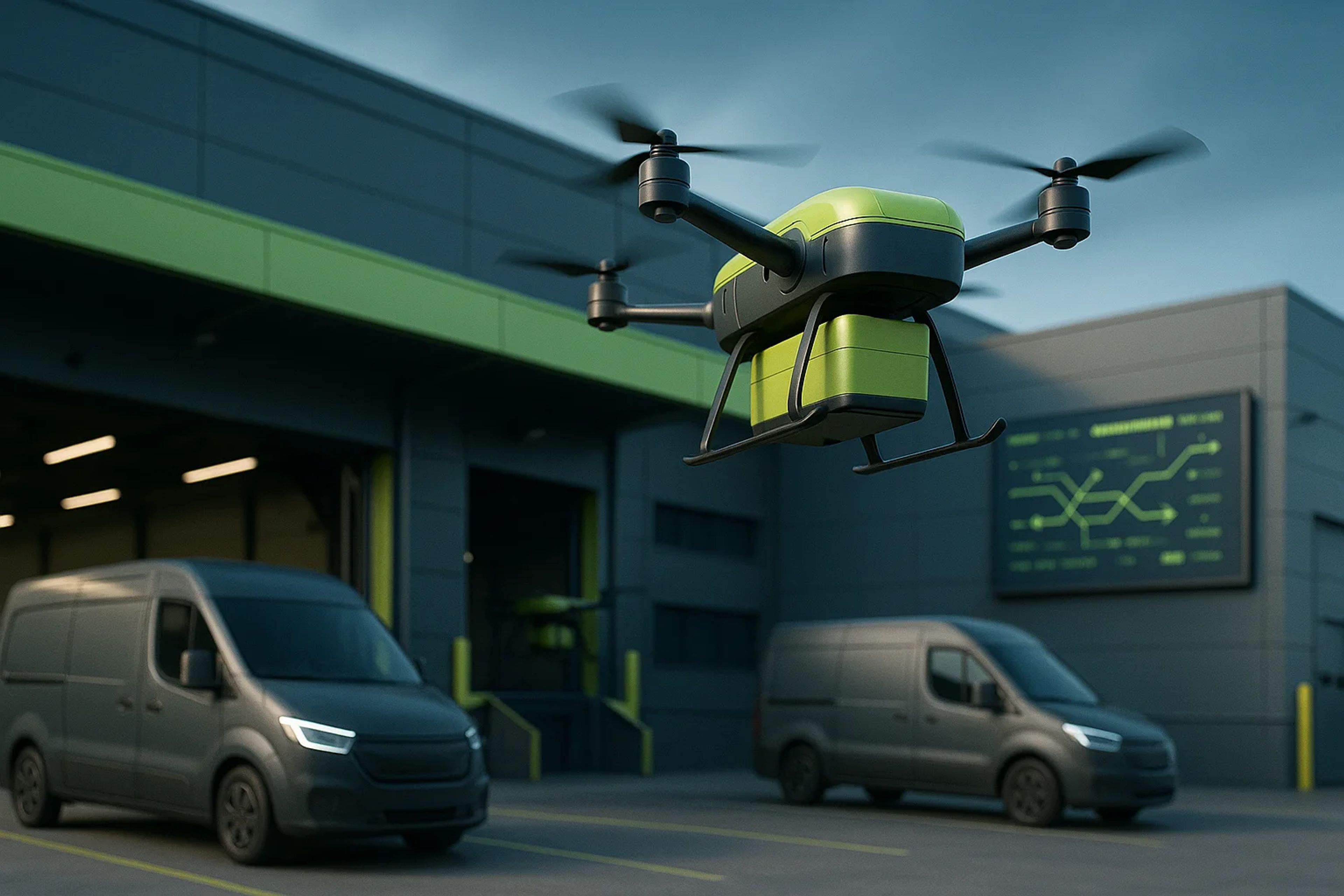 A green and black drone flying near a warehouse