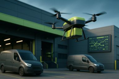 A green and black drone flying near a warehouse