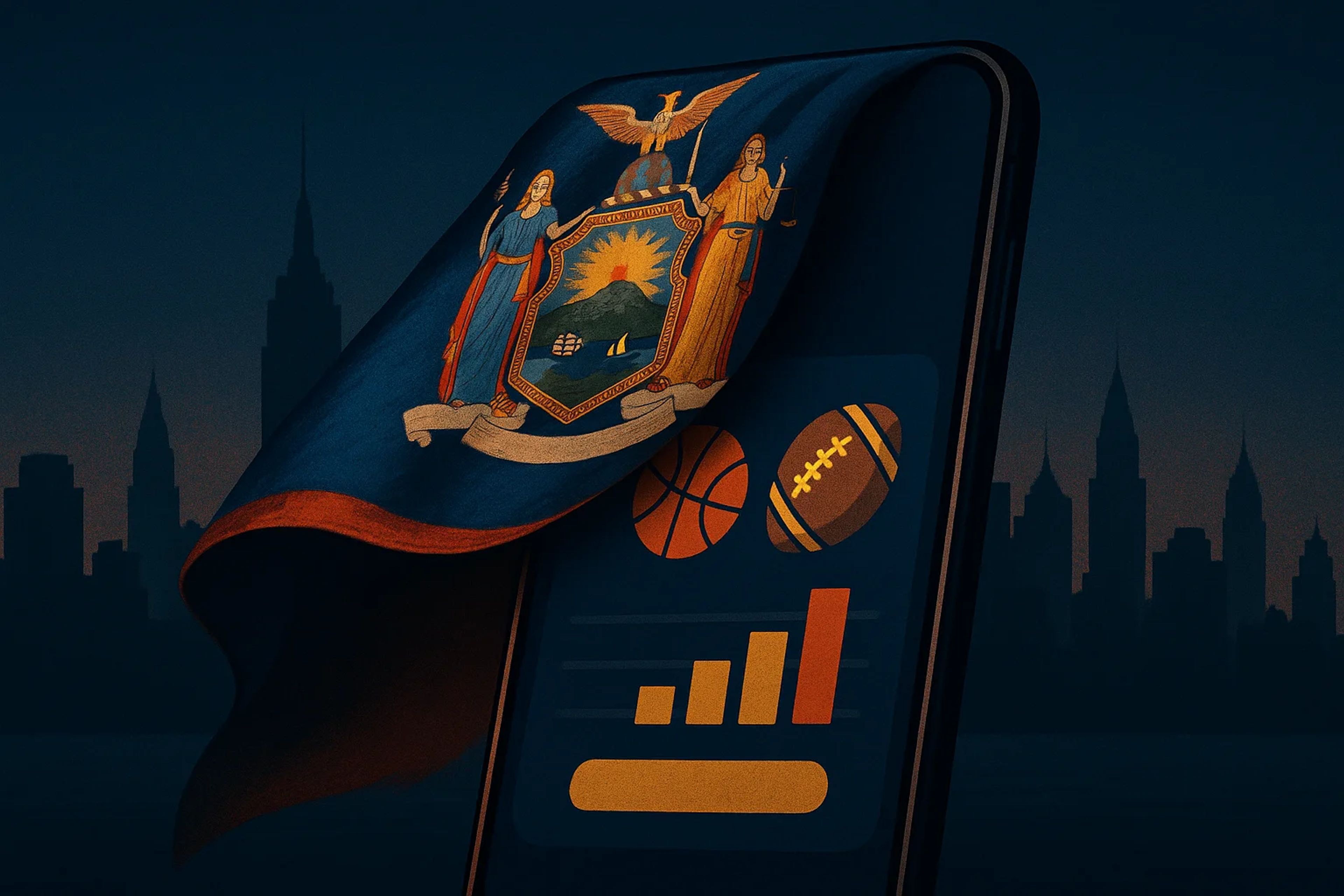 New York state flag draped over a smartphone