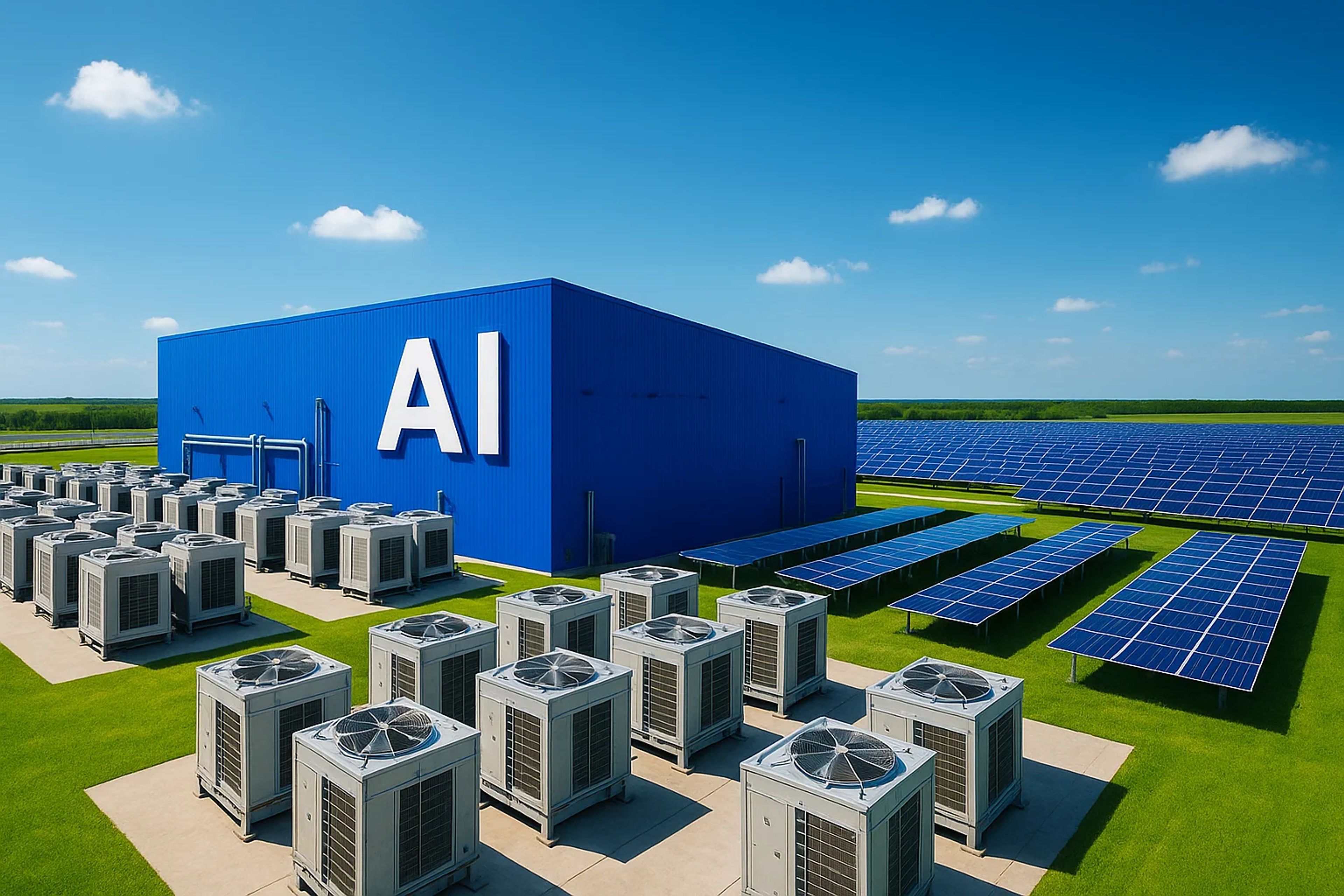 Large industrial building with solar panels and
