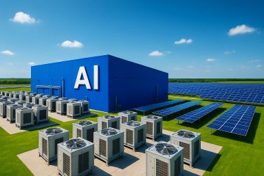 Large industrial building with solar panels and
