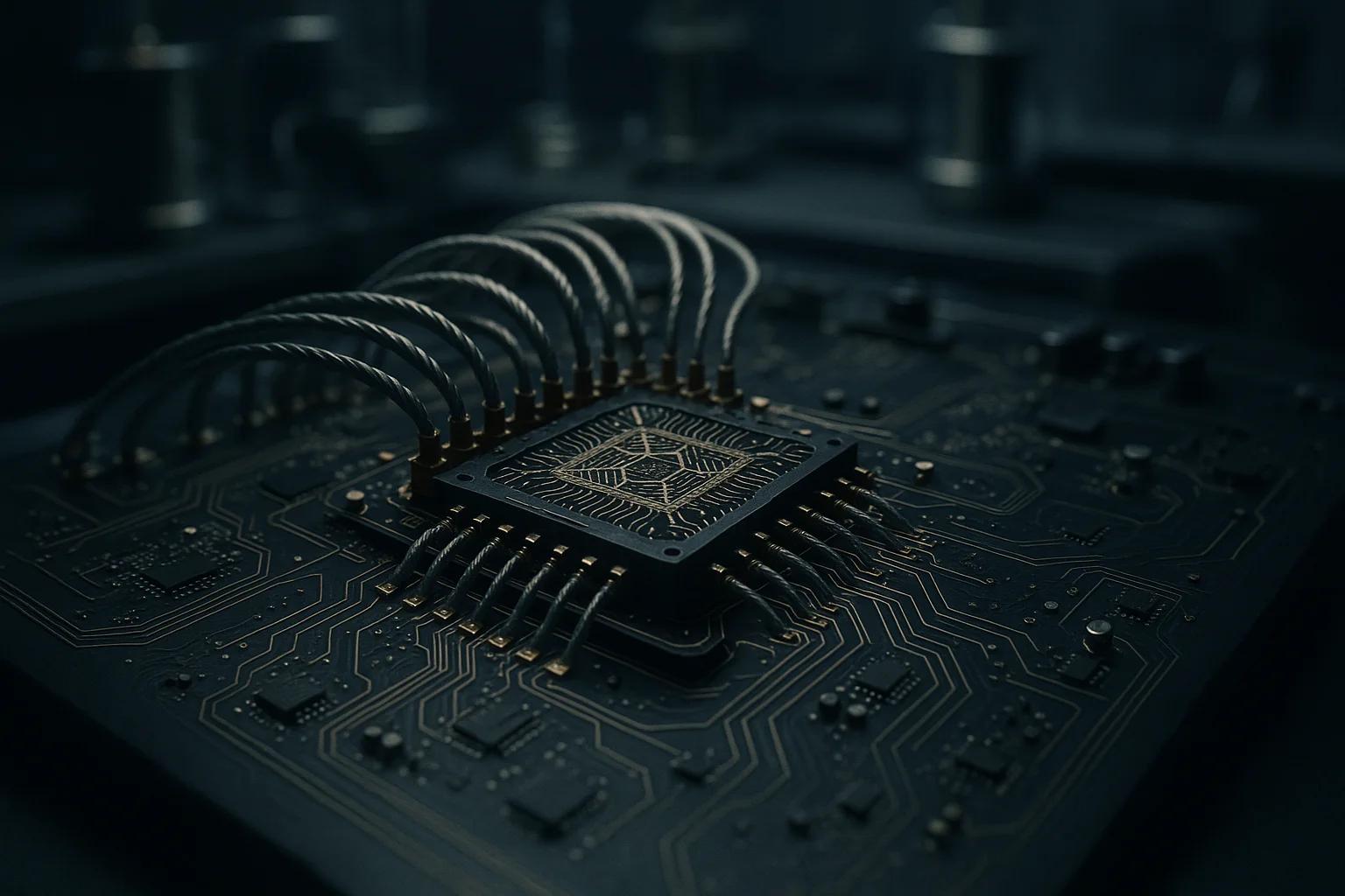 Close-up of a microchip with metallic connections