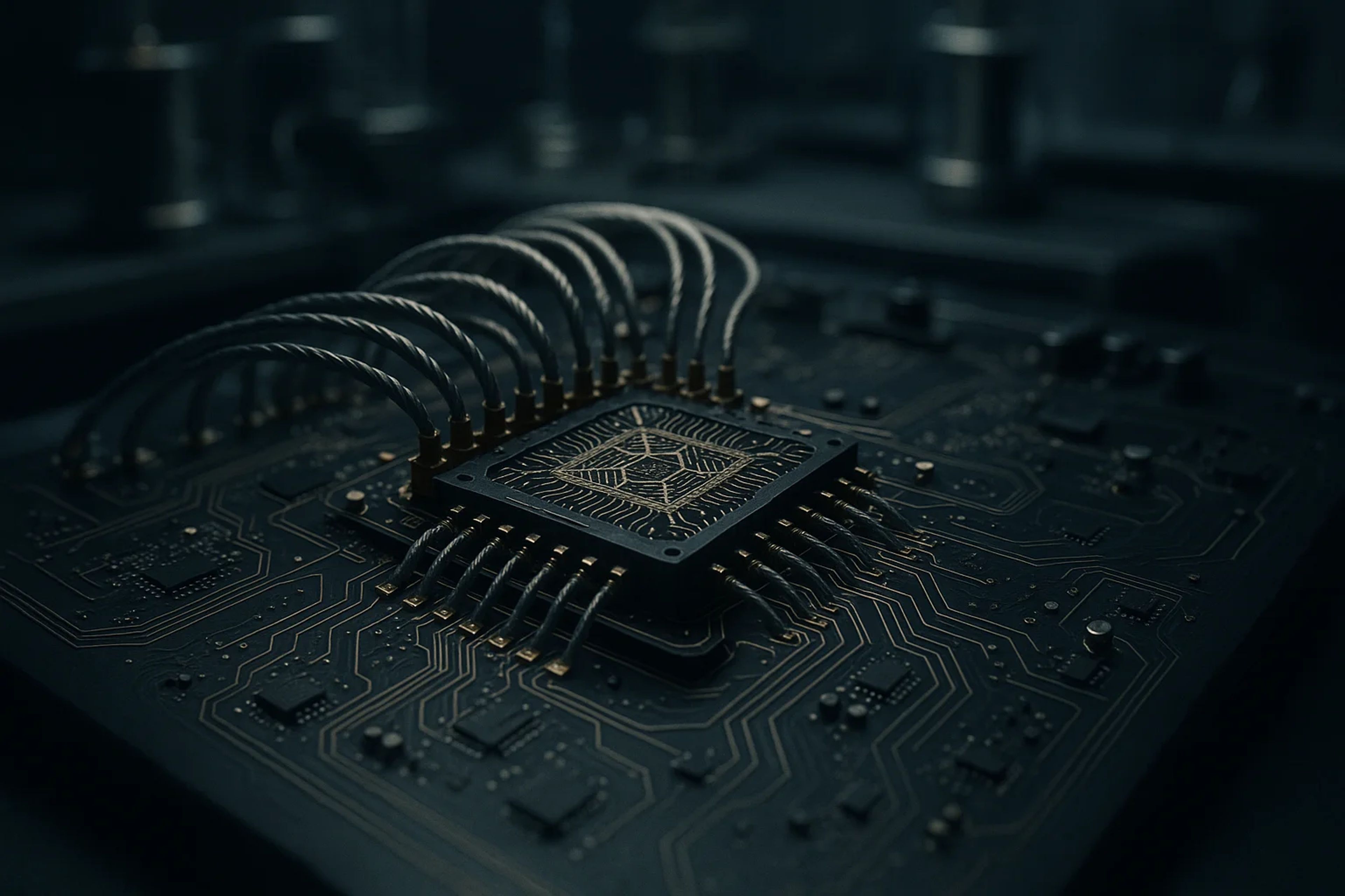 Close-up of a microchip with metallic connections
