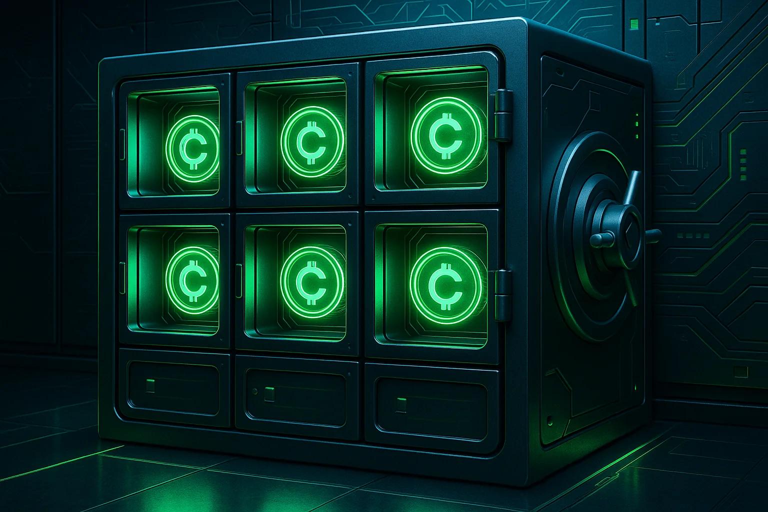 A futuristic safe with glowing green symbols