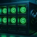 A futuristic safe with glowing green symbols
