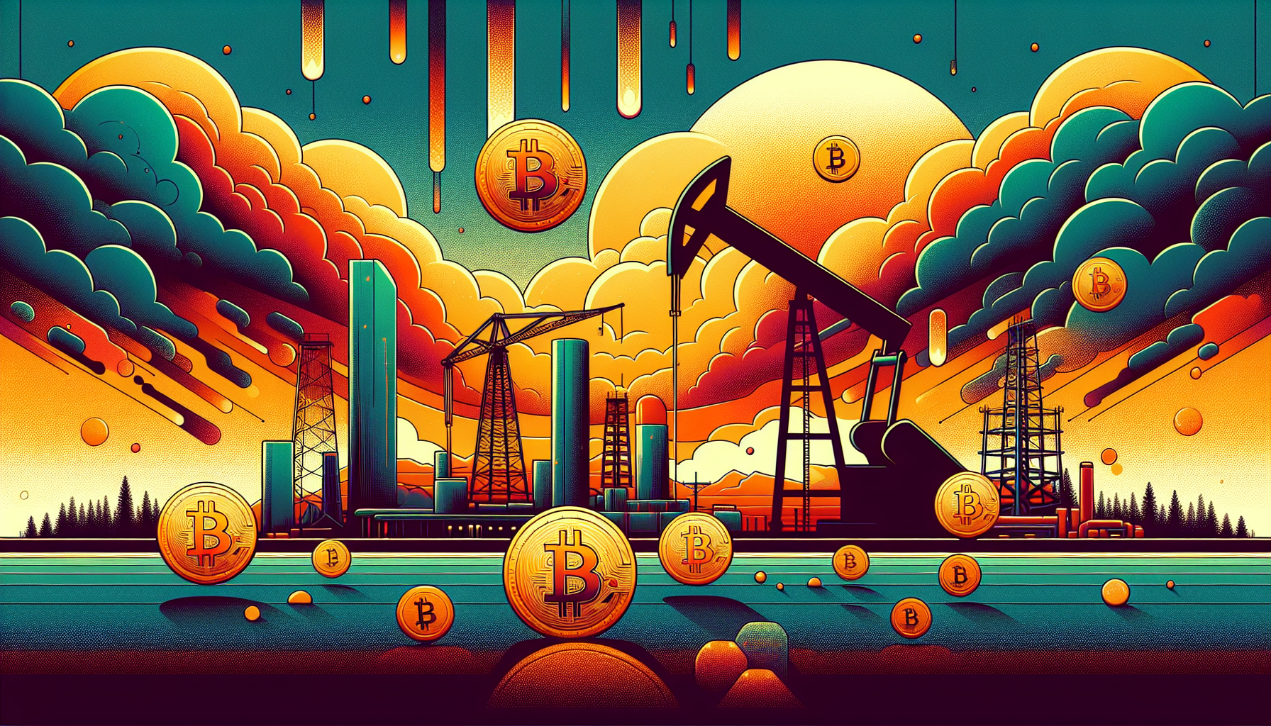 Colorful digital landscape with oil rigs and